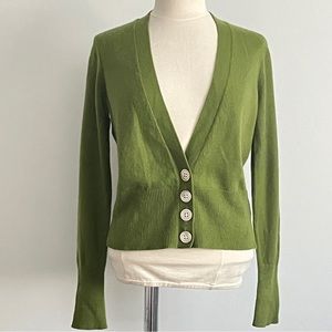 Italian Cashmere Green Banana Republic V Neck Mother of Pearl Button Up Cardigan